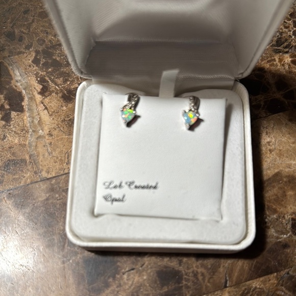 Lab Created Opal Silver Earrings – Green Gemstone Sparkly Studs” - Picture 2 of 5